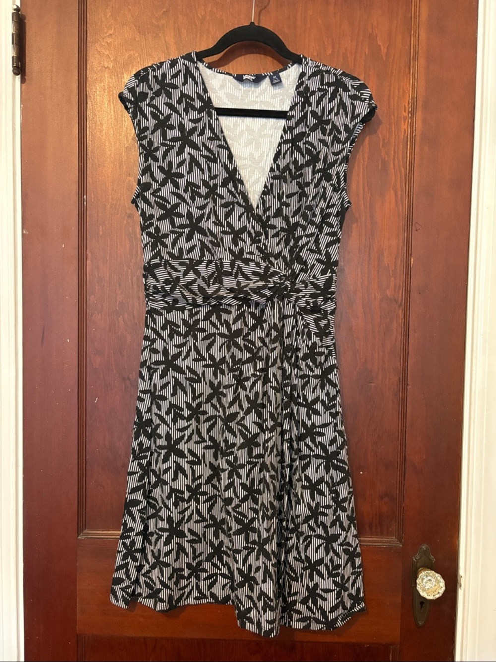 Lands' End Black and White Printed Wrap-Style Midi Dress